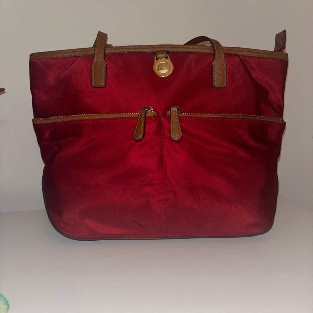 Michael Kors Nylon Tote Bag Red Burgundy Saffiano Leather Trim Zip Top